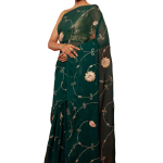 Green Pure Chiffon Chanderi Work Saree | Real Silver Aari & Jaal Work | Jaipurio Luxury Collection